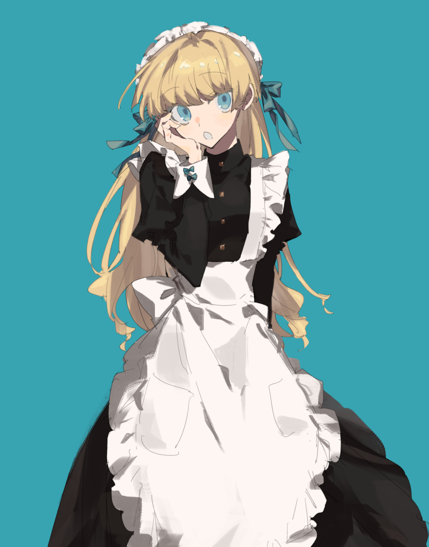 1girl apron bangs black_dress blonde_hair blue_background blue_eyes blue_pupils blue_ribbon commentary_request dress eyebrows_visible_through_hair guu_(guu8) hair_ribbon hand_up highres juliet_sleeves long_hair long_sleeves maid maid_apron maid_headdress open_mouth original puffy_sleeves ribbon simple_background solo