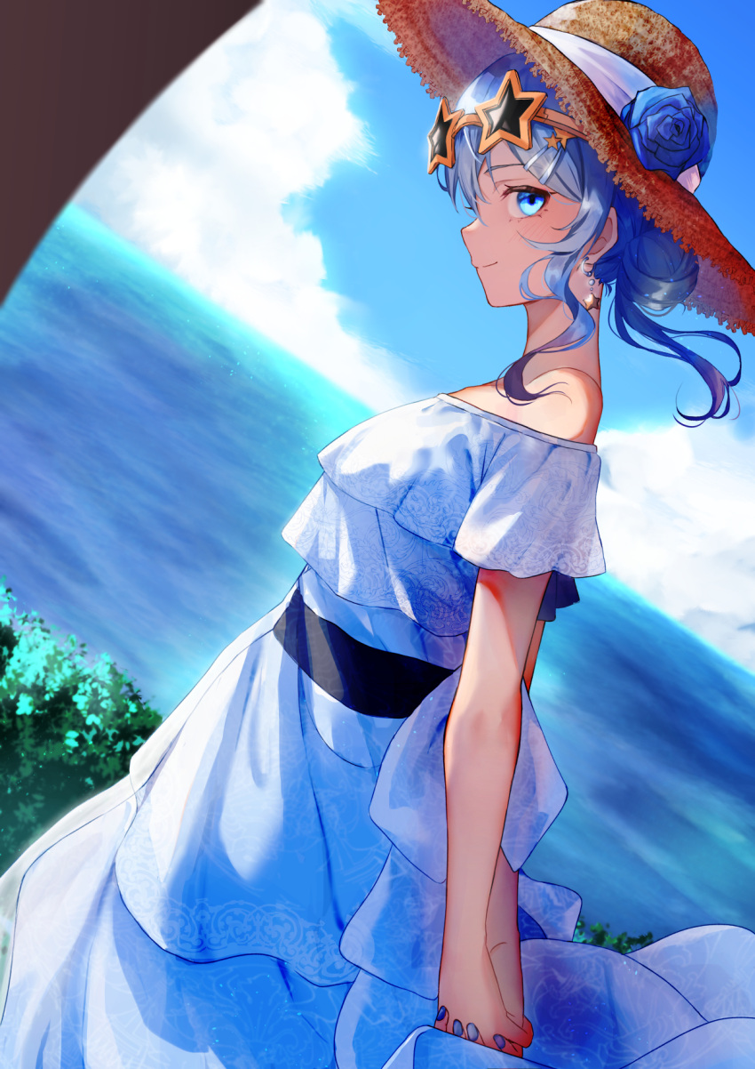1girl arms_behind_back bare_shoulders blue_eyes blue_flower blue_hair blue_nails blue_rose closed_mouth cowboy_shot dress dutch_angle eyewear_on_head flower from_side hair_bun hat hat_flower highres hololive hoshimachi_suisei looking_at_viewer looking_down medium_hair nail_polish off-shoulder_dress off_shoulder profile rose saco_(cgmore) seaside sideways_glance smile solo star-shaped_eyewear straw_hat sun_hat sundress sunglasses virtual_youtuber