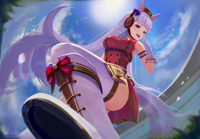1girl :d absurdres animal_ears ass bangs blue_sky boots bow brown_headwear clouds cloudy_sky dress gloves gold_ship_(umamusume) hair_bow highres horse_ears horse_girl horse_tail knee_boots long_hair looking_at_viewer meginalter open_mouth outdoors red_dress shoe_soles sky sleeveless sleeveless_dress smile sun tail thigh-highs umamusume white_footwear white_gloves white_legwear