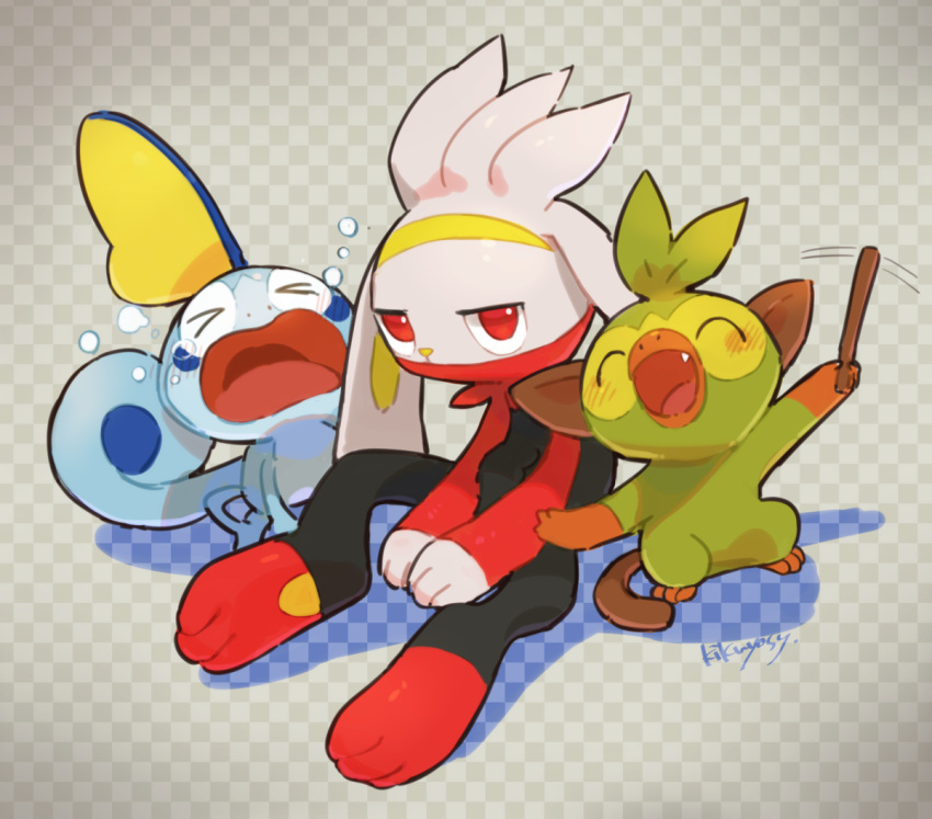 &gt;_&lt; :d blush checkered checkered_background closed_eyes crying fang gen_8_pokemon grookey holding holding_stick kikuyoshi_(tracco) looking_at_viewer open_mouth pokemon pokemon_(creature) raboot red_eyes signature sitting smile sobble stick tears tongue