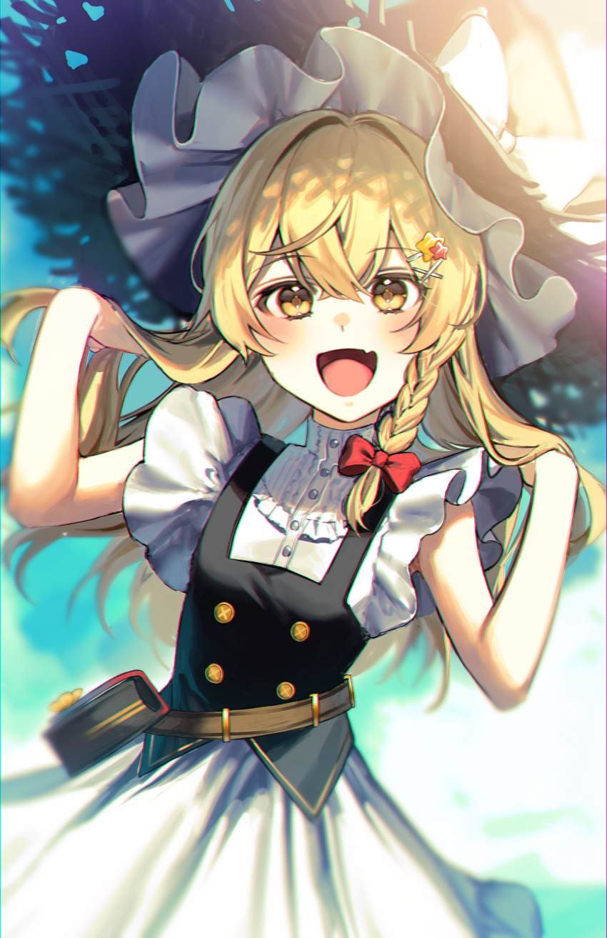 1girl absurdres arms_up bag bangs black_headwear black_vest blonde_hair blue_sky bow braid brown_bag buttons dress eyebrows_visible_through_hair frills hair_between_eyes hair_bow hair_ornament hairpin hands_up hat hat_bow highres holding jill_07km kirisame_marisa light looking_at_viewer open_mouth red_bow shadow short_sleeves single_braid sky smile solo star_(symbol) sunlight touhou vest white_bow white_dress white_sleeves witch_hat yellow_eyes
