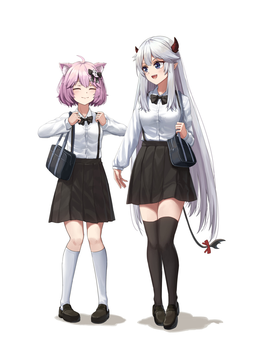 2girls absurdres ahoge animal_ears bag bow bowtie cat_ears cat_girl closed_eyes demon_girl demon_horns demon_tail english_commentary erezu eyebrows_visible_through_hair full_body hair_between_eyes highres horns long_hair long_sleeves looking_at_another multiple_girls nyatasha_nyanners open_mouth pink_hair pointy_ears school_uniform shoes short_hair simple_background skirt smile standing tail teeth thigh-highs tongue vei_(vtuber) vshojo white_background white_hair