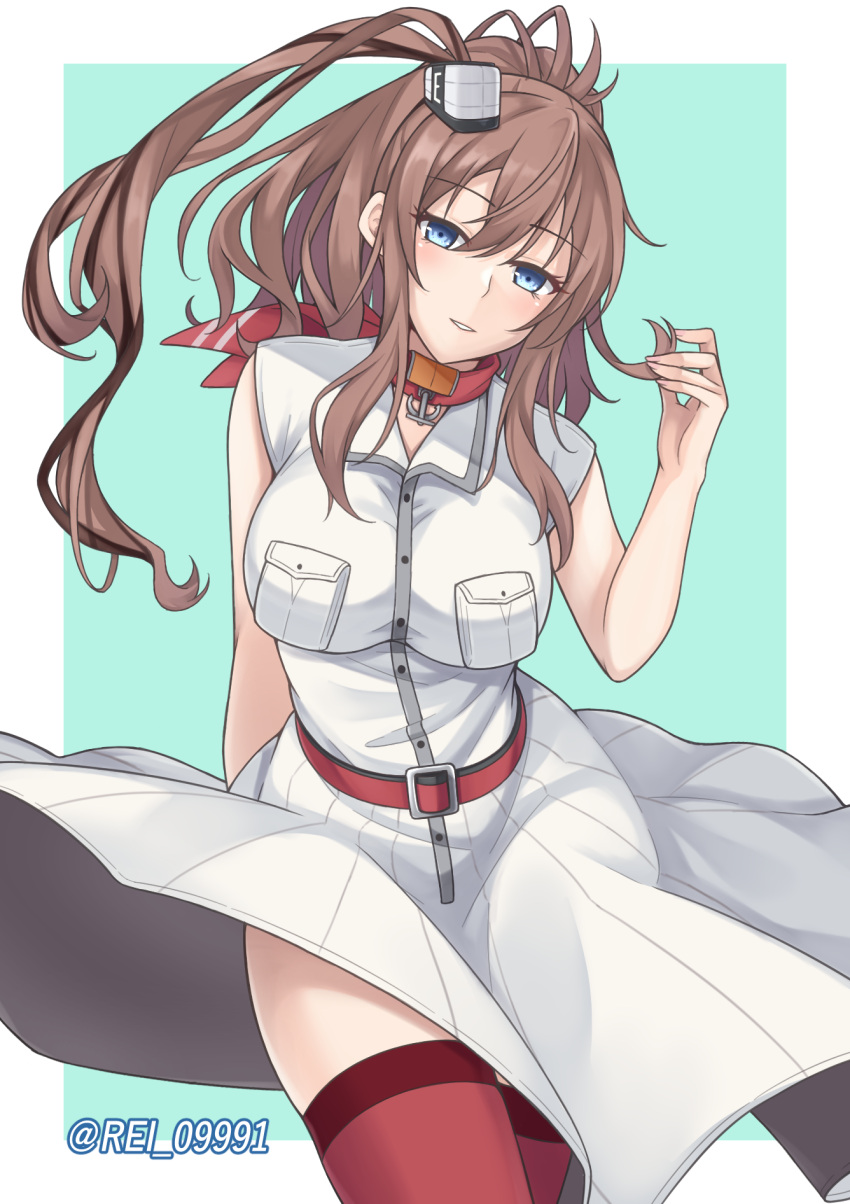 1girl battle_effectiveness_award blue_eyes breast_pocket breasts brown_hair dress hair_between_eyes highres kantai_collection large_breasts long_hair neckerchief pocket ponytail red_legwear red_neckwear rei_(09991) saratoga_(kancolle) side_ponytail sidelocks smokestack_hair_ornament solo thigh-highs white_dress