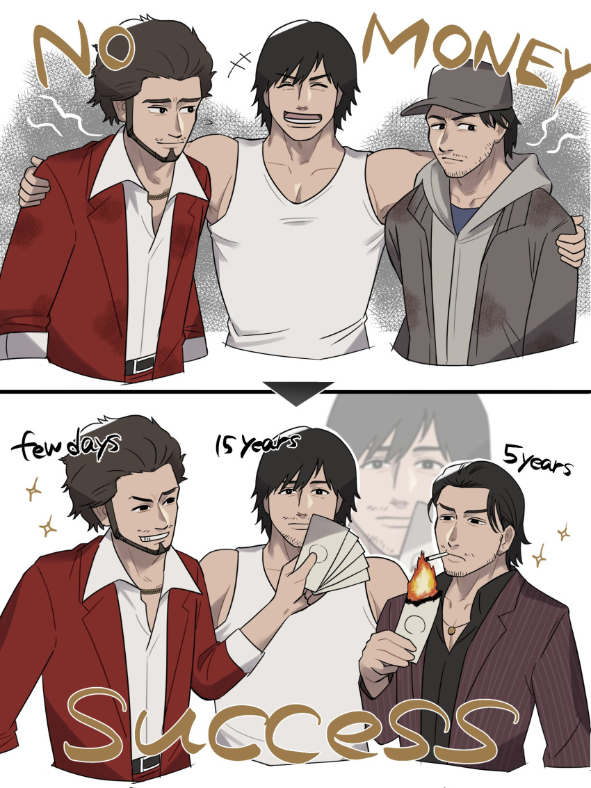 3boys absurdres afro akiyama_shun black_hair black_shirt brown_hair brown_jacket dirty dirty_clothes enokido eyebrows eyebrows_visible_through_hair facial_hair grin highres hood hoodie jacket kasuga_ichiban lighting_cigarette male_focus manly money multiple_boys progression red_jacket ryuu_ga_gotoku ryuu_ga_gotoku_4 ryuu_ga_gotoku_5 ryuu_ga_gotoku_7 ryuu_ga_gotoku_online shinada_tatsuo shirt short_hair sideburns sleeves_rolled_up smell smile smug sparkle tank_top trait_connection transformation white_shirt