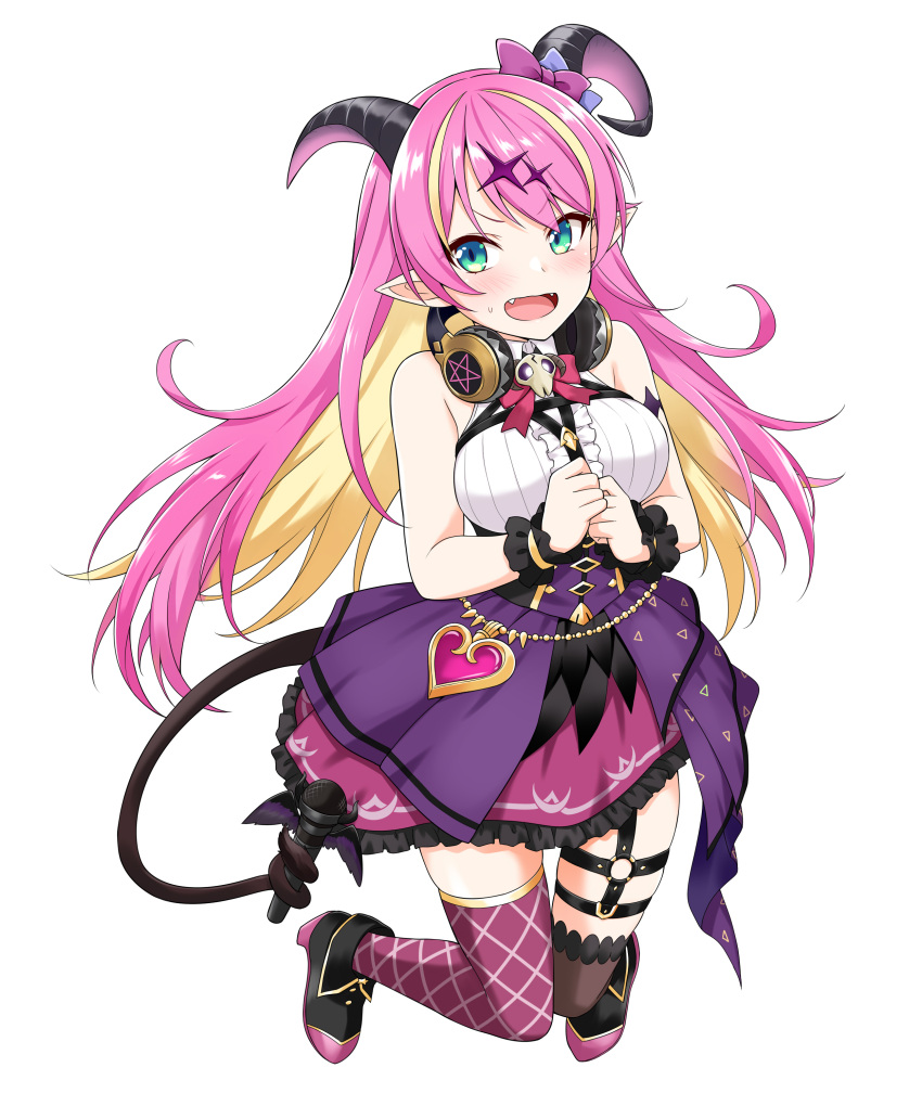 1girl absurdres arm_strap asymmetrical_horns blonde_hair bow demon_girl demon_horns demon_tail felutiahime frilled_cuffs garter_straps green_eyes hair_ornament headphones headphones_around_neck heart highres hololive horn_bow horn_ornament horns mano_aloe multicolored_hair pink_hair pink_neckwear pointy_ears shirt skirt sleeveless sleeveless_shirt smile solo tail thigh-highs thigh_strap virtual_youtuber wrist_cuffs