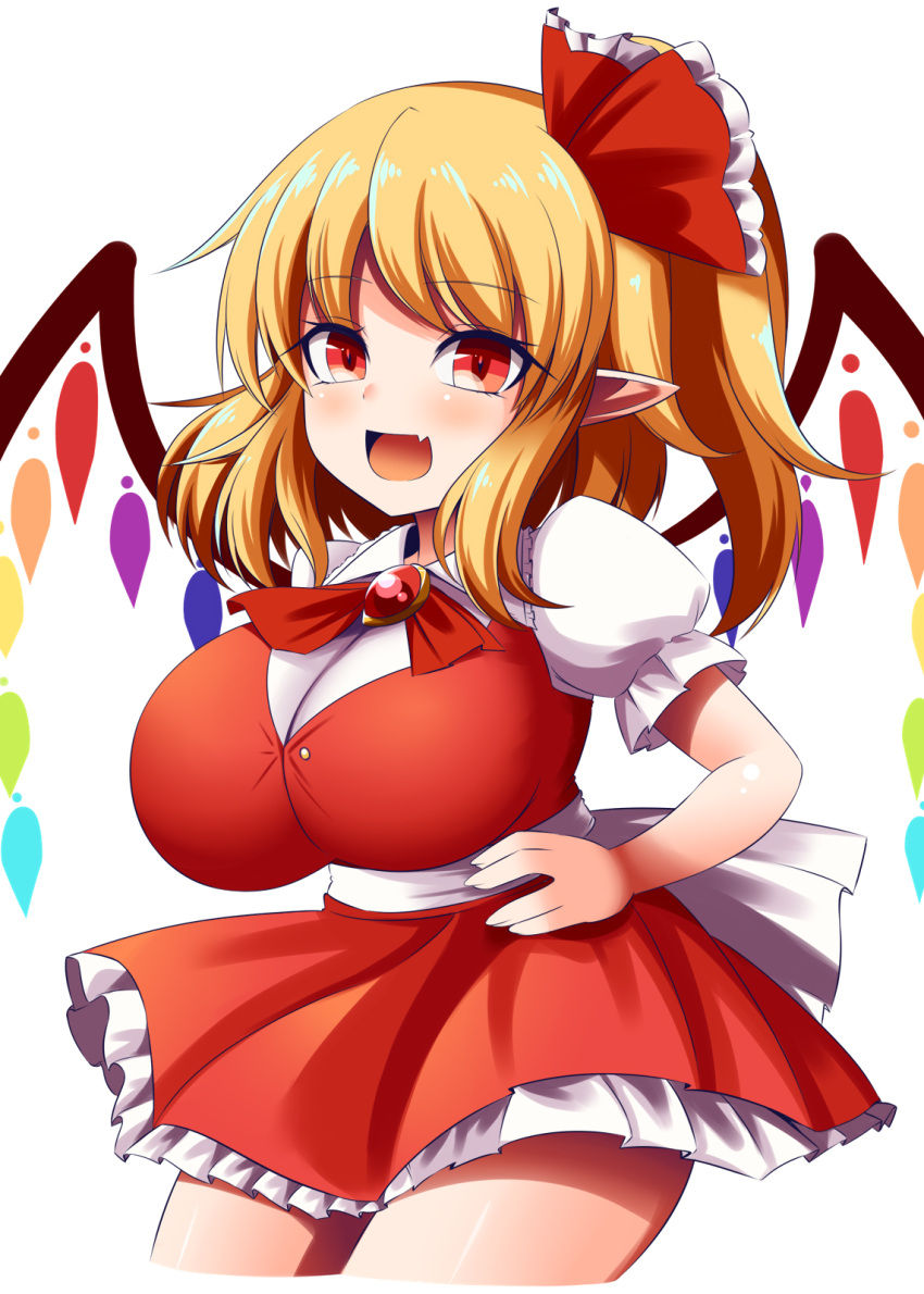 1girl blonde_hair breasts fang flandre_scarlet frills highres large_breasts medium_hair one_side_up oppai_loli puffy_short_sleeves puffy_sleeves red_eyes red_skirt red_vest shirt short_sleeves skirt solo thighs touhou vest white_shirt wings xialu_zajin