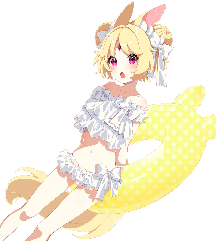 1girl aldin_nicola animal_ear_fluff animal_ears arms_behind_back bangs bare_shoulders bikini blonde_hair blush bow collarbone double_bun dutch_angle eyebrows_visible_through_hair feet_out_of_frame forehead_jewel hair_bow highres indie_virtual_youtuber innertube looking_at_viewer mamyouda navel off-shoulder_bikini off_shoulder open_mouth puffy_short_sleeves puffy_sleeves short_eyebrows short_hair short_sleeves simple_background solo standing swimsuit thick_eyebrows v-shaped_eyebrows violet_eyes virtual_youtuber white_background white_bikini white_bow