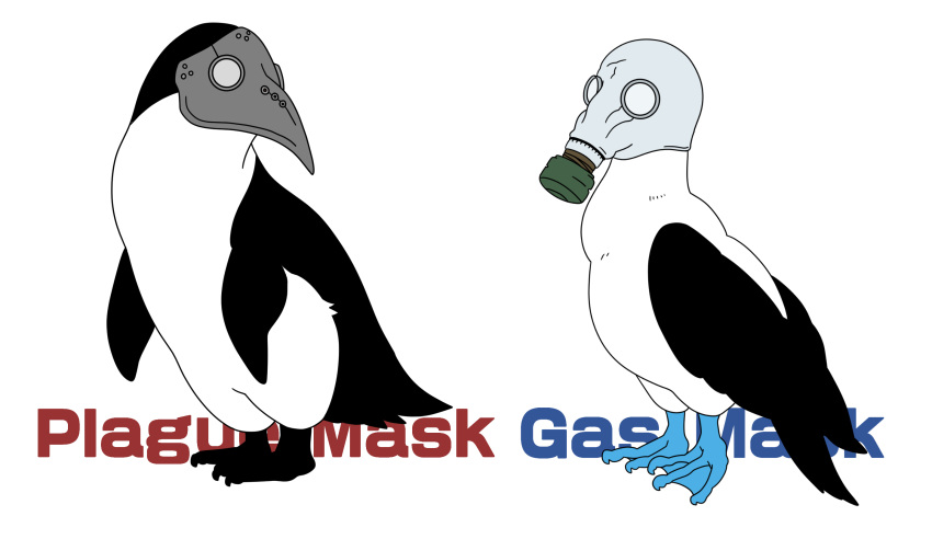 animal animal_focus bird english_text gas_mask gurageida highres no_humans original penguin plague_doctor_mask simple_background standing white_background