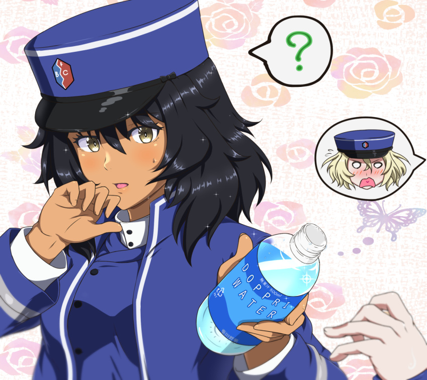 2girls ada_badguy andou_(girls_und_panzer) bangs bc_freedom_(emblem) bc_freedom_military_uniform black_hair blue_headwear blue_jacket blush bottle brown_eyes bug butterfly commentary dark-skinned_female dark_skin emblem floral_background flying_sweatdrops frown girls_und_panzer giving hat highres insect jacket kepi long_sleeves medium_hair messy_hair military military_hat military_uniform multiple_girls o_o open_mouth oshida_(girls_und_panzer) out_of_frame solo sparkle speech_bubble sweatdrop uniform water_bottle wiping_mouth