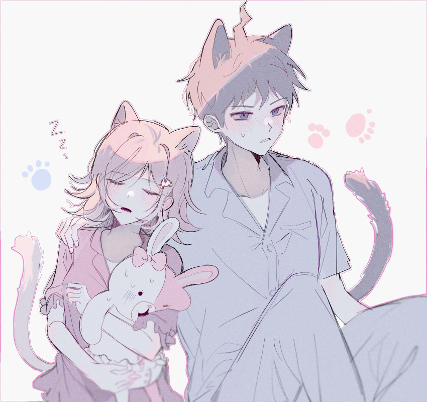 1boy 1girl ahoge alternate_costume animal_ears bangs blush brown_hair cat_boy cat_ears cat_girl cat_tail closed_eyes collarbone commentary_request dangan_ronpa_(series) dangan_ronpa_2:_goodbye_despair diaper ear_bow flipped_hair grey_background grey_shirt hair_ornament hand_on_another's_shoulder highres hinata_hajime holding hug jey_(j3y) knees_up medium_hair monomi_(dangan_ronpa) nanami_chiaki open_mouth paw_print paw_print_background pink_shirt shirt simple_background sleeping tail zzz