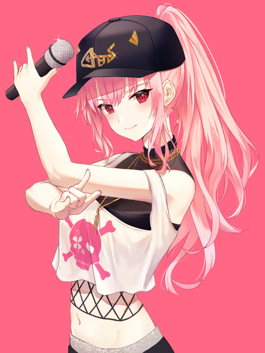 1girl \n/ bangs breasts chain closed_mouth commentary crop_top double_\n/ gold_chain hair_through_headwear hands_up hat highres holding holding_microphone hololive hololive_english jewelry long_hair looking_at_viewer microphone midriff mori_calliope navel necklace official_alternate_costume pink_background pink_hair ponytail red_eyes shands simple_background skull_and_crossbones skull_print solo strap_slip upper_body virtual_youtuber