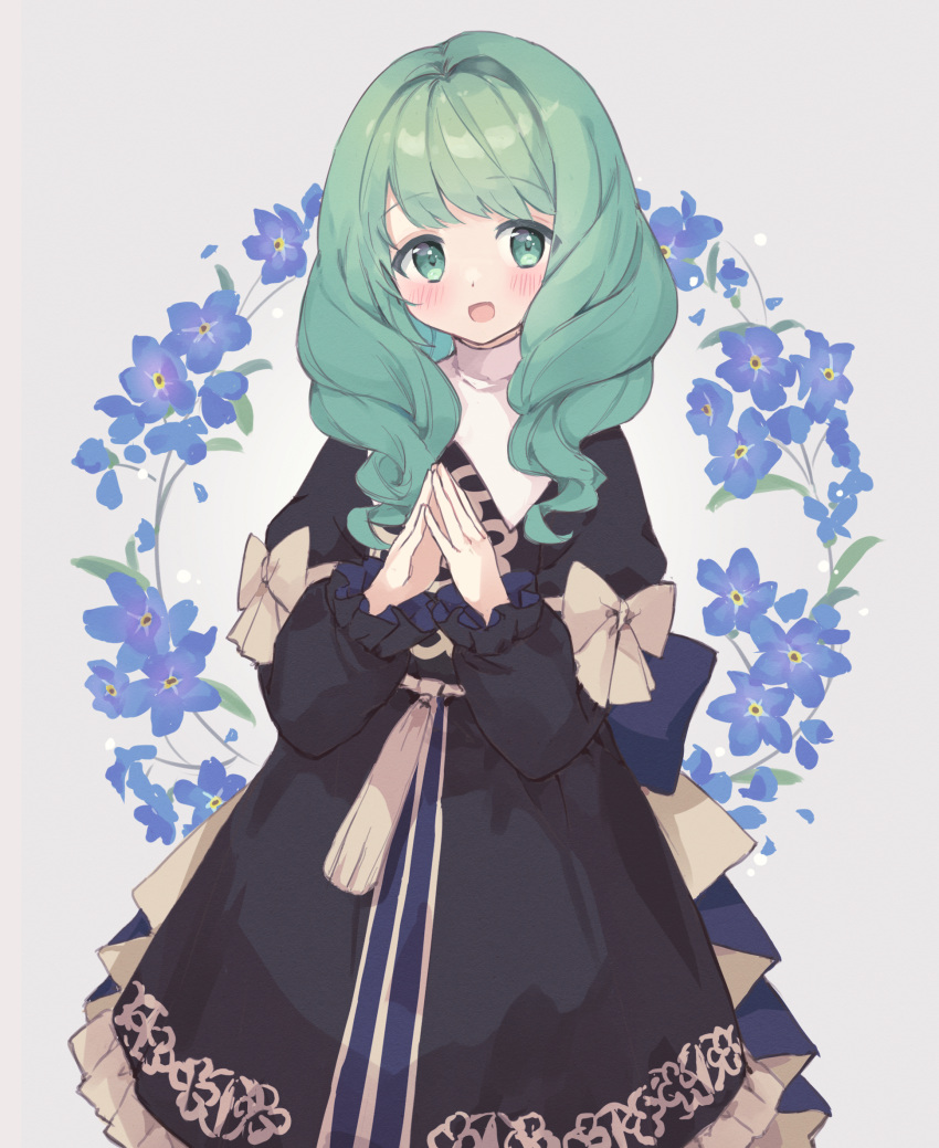 1girl bangs blush bow commentary dress eyebrows_visible_through_hair fire_emblem flayn_(fire_emblem) flower garreg_mach_monastery_uniform green_eyes green_hair hands_together highres long_hair long_sleeves looking_at_viewer mola_mola open_mouth simple_background smile solo