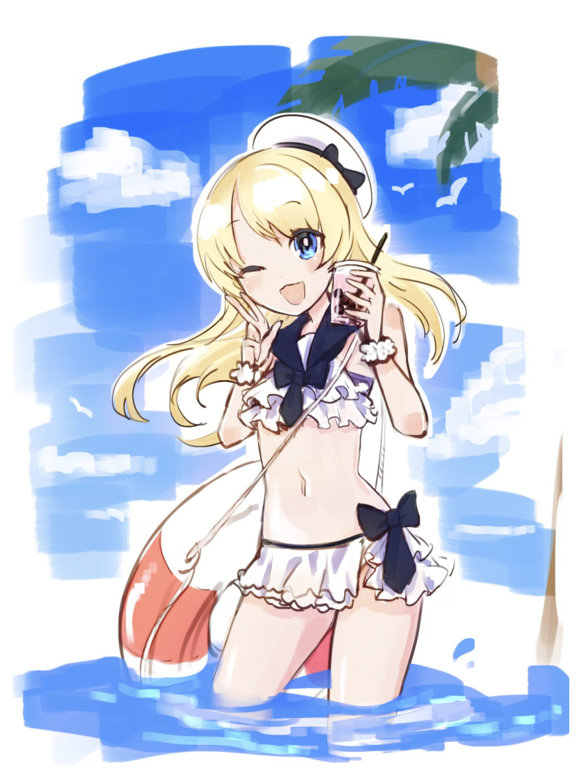 1girl bangs bikini blonde_hair blue_eyes bow clouds cup day disposable_cup eyebrows_visible_through_hair hat highres holding holding_cup innertube jervis_(kancolle) kantai_collection long_hair nikai_kara_momoshio one-hour_drawing_challenge one_eye_closed open_mouth outdoors palm_tree partially_submerged sky solo swimsuit tree w water white_bikini white_headwear