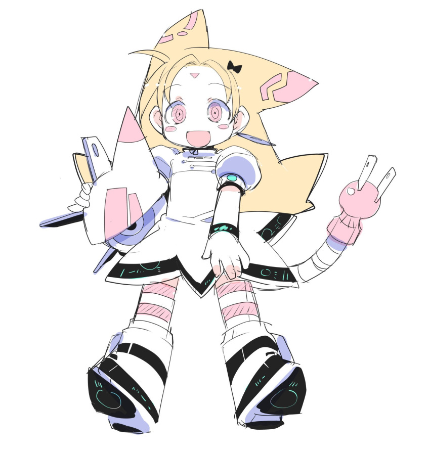 1girl :d blonde_hair blush_stickers boots copyright_request full_body highres looking_at_viewer open_mouth pink_eyes pink_legwear puffy_short_sleeves puffy_sleeves ringed_eyes shirt short_sleeves simple_background smile solo striped striped_legwear tail thigh-highs white_background white_shirt wristband zankuro