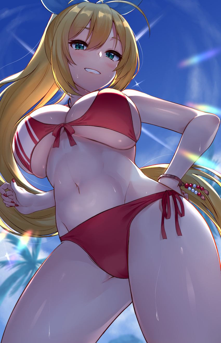 1girl ass_visible_through_thighs bangs bare_shoulders bikini blonde_hair blue_sky blush bracelet breasts commentary_request contrapposto day eyebrows_visible_through_hair from_below front-tie_bikini front-tie_top green_eyes grin hand_on_hip highres jewelry large_breasts lens_flare long_hair looking_at_viewer looking_down nail_polish navel outdoors ponytail red_bikini red_nails red_ribbon ribbon side-tie_bikini sky smile solo stomach sweat swimsuit teeth tenneko_yuuri thighs tsurumaki_maki under_boob very_long_hair voiceroid