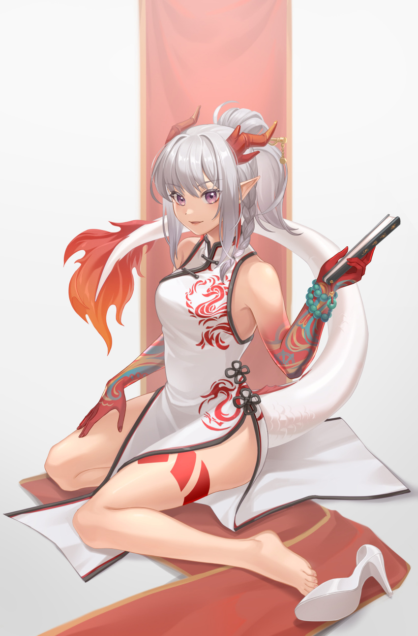 1girl absurdres arknights bead_bracelet beads bracelet braid china_dress chinese_clothes dress hand_fan high_heels highres horns jewelry kuroka_tori nian_(arknights) nian_(unfettered_freedom)_(arknights) pointy_ears ponytail shoes_removed sitting tail tattoo violet_eyes wariza white_hair