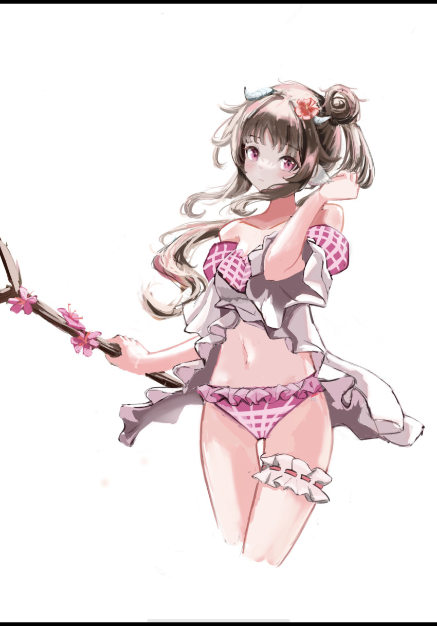 1girl animal_ears arknights beniko_j bikini brown_hair curled_horns eyebrows_visible_through_hair eyjafjalla_(arknights) eyjafjalla_(summer_flowers)_(arknights) flower hair_flower hair_ornament highres holding holding_staff horns navel off-shoulder_bikini off_shoulder pink_bikini plaid plaid_bikini red_eyes sheep_ears sheep_girl sheep_horns short_hair simple_background solo staff swimsuit twintails white_background