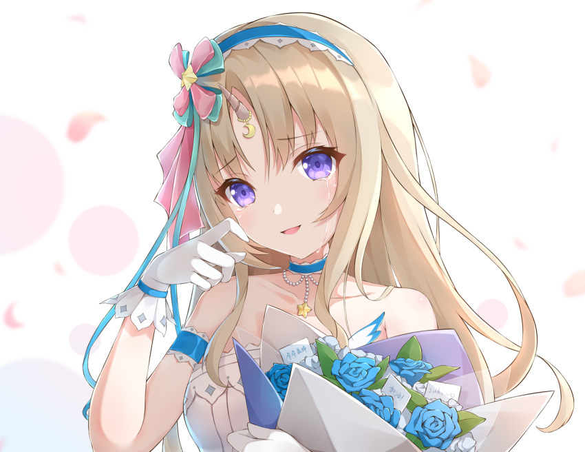 1girl arm_garter bangs blonde_hair blush bouquet civia collarbone crying crying_with_eyes_open flower gloves hair_ornament headband holding holding_bouquet hololive hololive_china horns jewelry kebin_no_shio_amaou long_hair necklace parted_bangs single_horn sleeveless smile solo tears unicorn_girl violet_eyes virtual_youtuber white_gloves