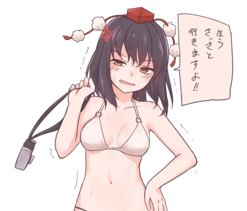 1girl anger_vein bangs bare_arms bare_shoulders bikini black_hair breasts brown_eyes camera collarbone commentary eyebrows_visible_through_hair hand_on_hip hat highres medium_breasts medium_hair miyo_(ranthath) navel o-ring o-ring_bikini pom_pom_(clothes) shameimaru_aya simple_background solo speech_bubble swimsuit tokin_hat touhou translation_request trembling upper_body white_background white_bikini