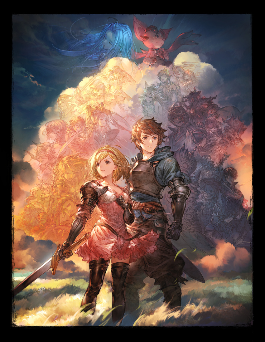 6+boys 6+girls adam_(granblue_fantasy) ahoge angry animal_ears armor baggy_pants bangs black_border black_knight_(granblue_fantasy) blonde_hair blue_hair blue_knight_(granblue_fantasy) blunt_bangs boots border bound bound_wrists braid breastplate brown_eyes brown_hair cain_(granblue_fantasy) cape clenched_hand clenched_teeth closed_eyes clouds collarbone djeeta_(granblue_fantasy) dragon draph dress erune eugen_(granblue_fantasy) eyepatch fenrir_(shingeki_no_bahamut) freesia_(granblue_fantasy) full_armor furias gauntlets gilbert_(granblue_fantasy) glasses golden_knight_(granblue_fantasy) gran_(granblue_fantasy) granblue_fantasy grass grin hair_ornament hair_over_one_eye hairband hal_(granblue_fantasy) hand_on_headwear hand_over_eye hat highres holding holding_sword holding_weapon hood hoodie horns hug hug_from_behind io_euclase katalina_(granblue_fantasy) laughing lecia_(granblue_fantasy) leona_(granblue_fantasy) loki_(granblue_fantasy) long_hair looking_at_viewer looking_to_the_side lyria_(granblue_fantasy) mika_(granblue_fantasy) monika_weisswind multiple_boys multiple_girls official_art open_mouth pants parted_bangs pholia pink_dress pointy_ears pommern rackam_(granblue_fantasy) reinhardtzar rosetta_(granblue_fantasy) scarlet_knight_(granblue_fantasy) ship's_wheel shitori_(granblue_fantasy) short_hair smile staff sword teeth thigh-highs thigh_boots twintails vee_(granblue_fantasy) weapon