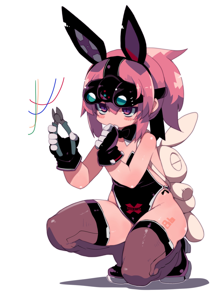 1girl animal_ears backpack bag black_gloves black_leotard blush blush_stickers brown_legwear disarming fake_animal_ears full_body gloves goggles goggles_on_head highres holding jitome leotard night_vision_device one_knee original pink_hair pliers ponytail rabbit_ears simple_background thigh-highs violet_eyes white_background wire zankuro