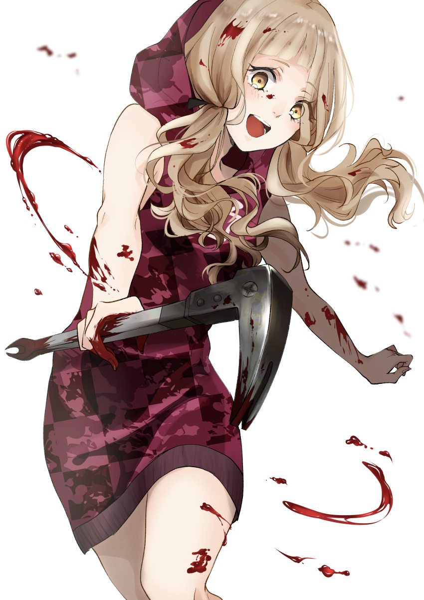 1girl 2554nnko absurdres bangs blonde_hair blood blood_on_face blood_splatter blunt_bangs blush crowbar eyebrows_visible_through_hair happy highres holding holding_weapon little_red_riding_hood_(sinoalice) long_hair looking_at_viewer low_twintails open_mouth simple_background sinoalice solo twintails wavy_hair weapon white_background yellow_eyes