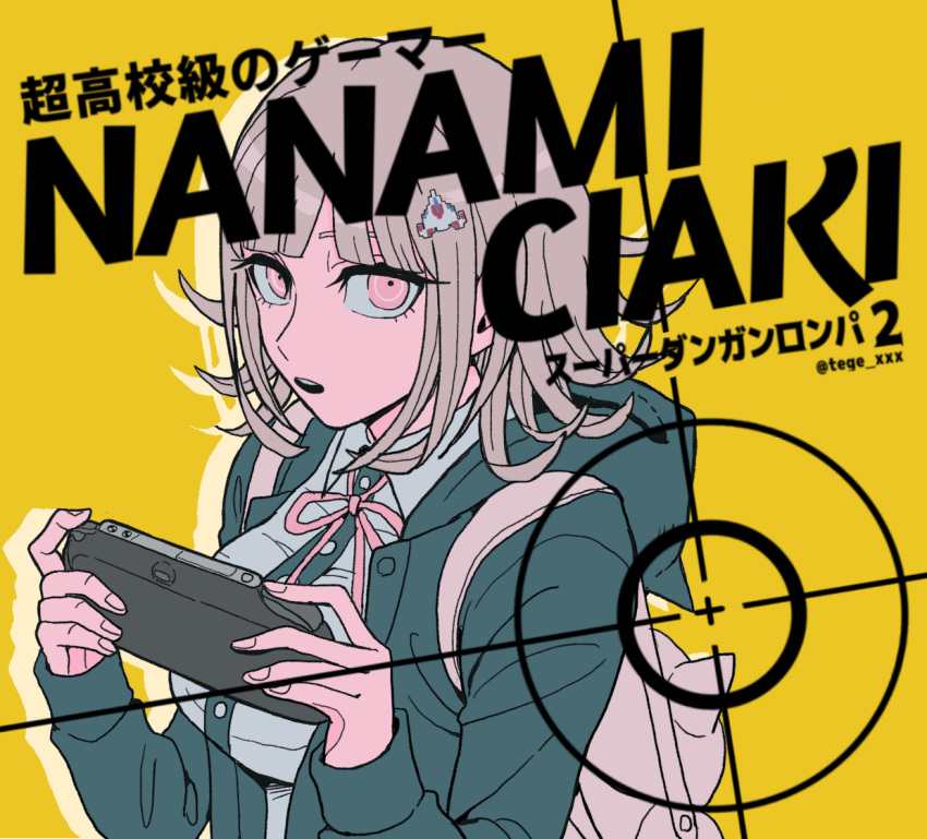 1girl animal_bag backpack bag bangs black_jacket black_shirt breasts cat_bag character_name collared_shirt commentary_request copyright_name dangan_ronpa_(series) dangan_ronpa_2:_goodbye_despair dress_shirt flipped_hair galaga green_jacket grey_shirt hair_ornament handheld_game_console holding holding_handheld_game_console hood hood_down hooded_jacket jacket large_breasts looking_at_viewer medium_hair nanami_chiaki neck_ribbon open_clothes open_jacket open_mouth orange_background pink_bag pink_eyes pink_ribbon ribbon shirt simple_background solo tege_(tege_xxx) translation_request upper_body