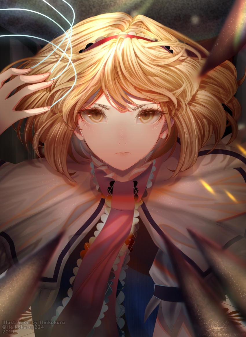 1girl 2019 alice_margatroid arm_up artist_name bangs blonde_hair blue_dress cape closed_mouth dress eyebrows_visible_through_hair hair_between_eyes hairband hand_up heikokuru1224 highres light looking_at_viewer pink_neckwear puffy_short_sleeves puffy_sleeves red_hairband shadow short_hair short_sleeves signature solo touhou white_cape yellow_eyes
