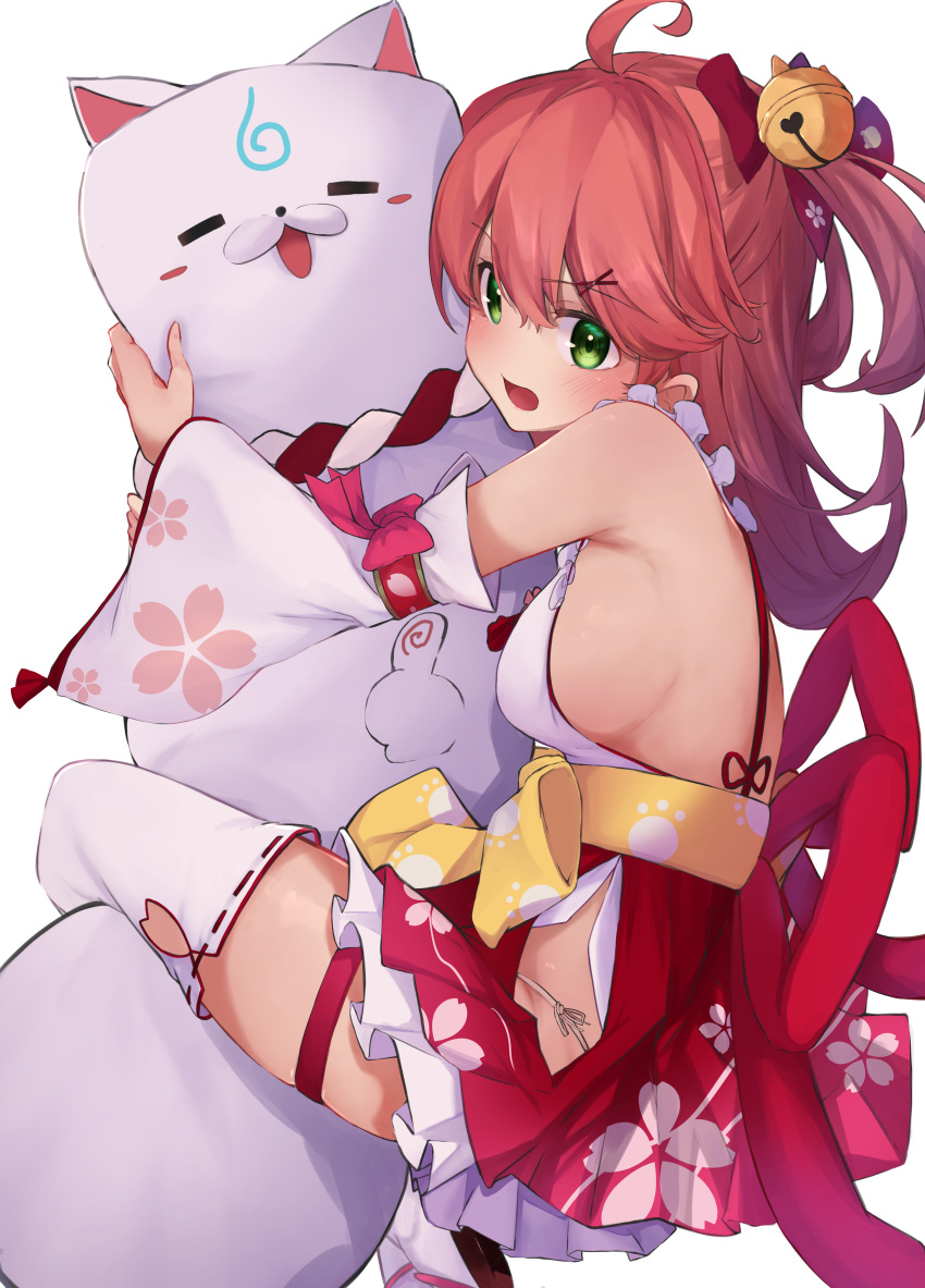 1girl 35p_(sakura_miko) absurdres ahoge breasts commentary_request detached_sleeves green_eyes highres holding hololive huge_filesize japanese_clothes kimono long_hair looking_at_viewer medium_breasts mikaku redhead sakura_miko sideboob simple_background sitting solo thigh-highs virtual_youtuber white_background white_legwear