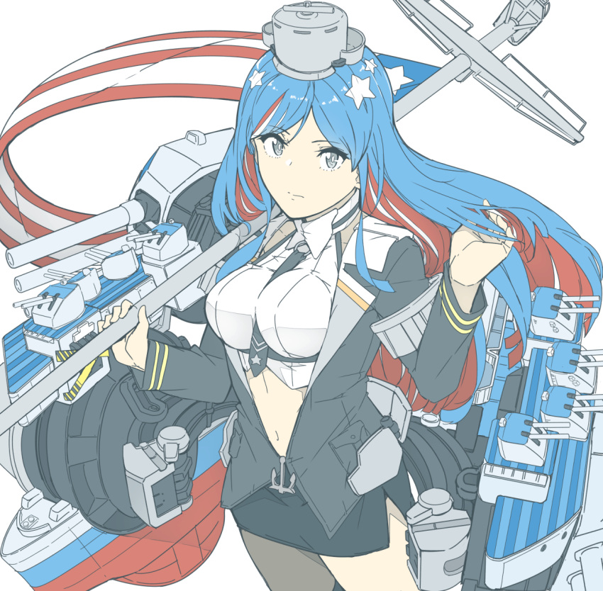 1girl american_flag black_skirt blue_hair breasts closed_mouth grey_eyes highres kantai_collection large_breasts long_hair long_sleeves machinery multicolored_hair ninimo_nimo pencil_skirt redhead rigging simple_background skirt solo south_dakota_(kancolle) star_(symbol) turret white_background