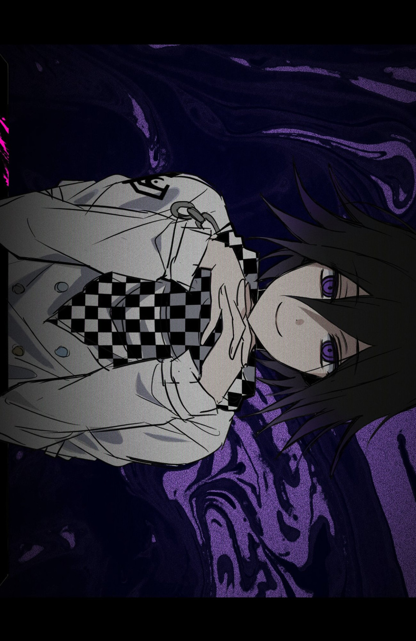 1boy bangs black_hair buttons chain checkered checkered_neckwear checkered_scarf dangan_ronpa_(series) dangan_ronpa_v3:_killing_harmony double-breasted doum_(dangan666) hair_between_eyes highres jacket letterboxed long_sleeves looking_at_viewer male_focus medium_hair ouma_kokichi own_hands_together purple_background scarf sketch smile solo straitjacket unmoving_pattern upper_body violet_eyes
