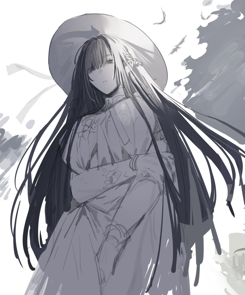 1girl 2ch absurdres arm_under_breasts bangs black_hair blunt_bangs breasts commentary_request from_below greyscale hasshaku-sama hat highres large_breasts long_hair long_sleeves looking_at_viewer looking_down mayutsuba_mono mole mole_under_mouth monochrome parted_lips sketch smile solo sun_hat
