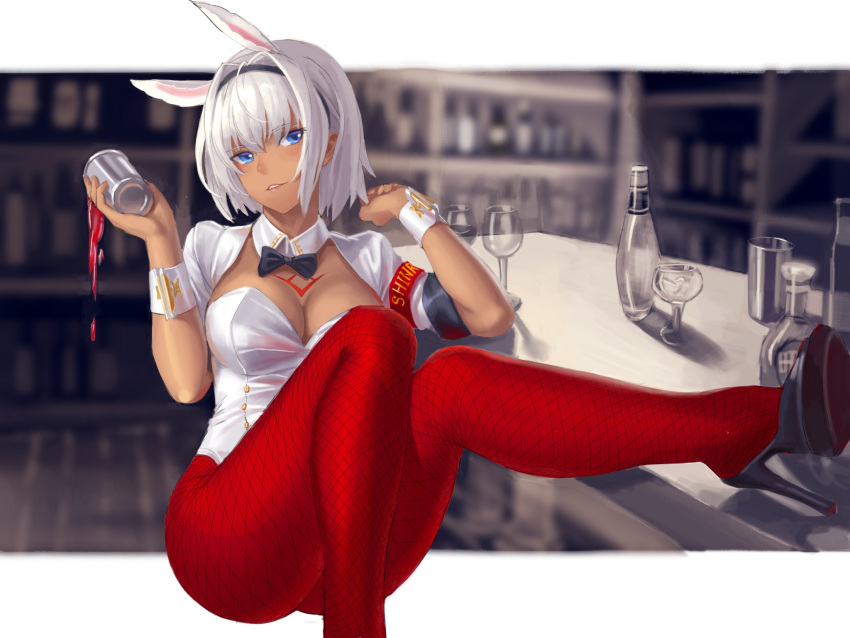 1girl animal_ears blue_eyes breasts caenis_(fate) chest_tattoo commentary_request cup dark_skin detached_collar drinking_glass eyebrows_visible_through_hair fate/grand_order fate_(series) hair_between_eyes high_heels highres holding holding_cup kafkasea large_breasts leotard pantyhose parted_lips playboy_bunny short_hair solo table tattoo teeth white_hair wine_glass wrist_cuffs