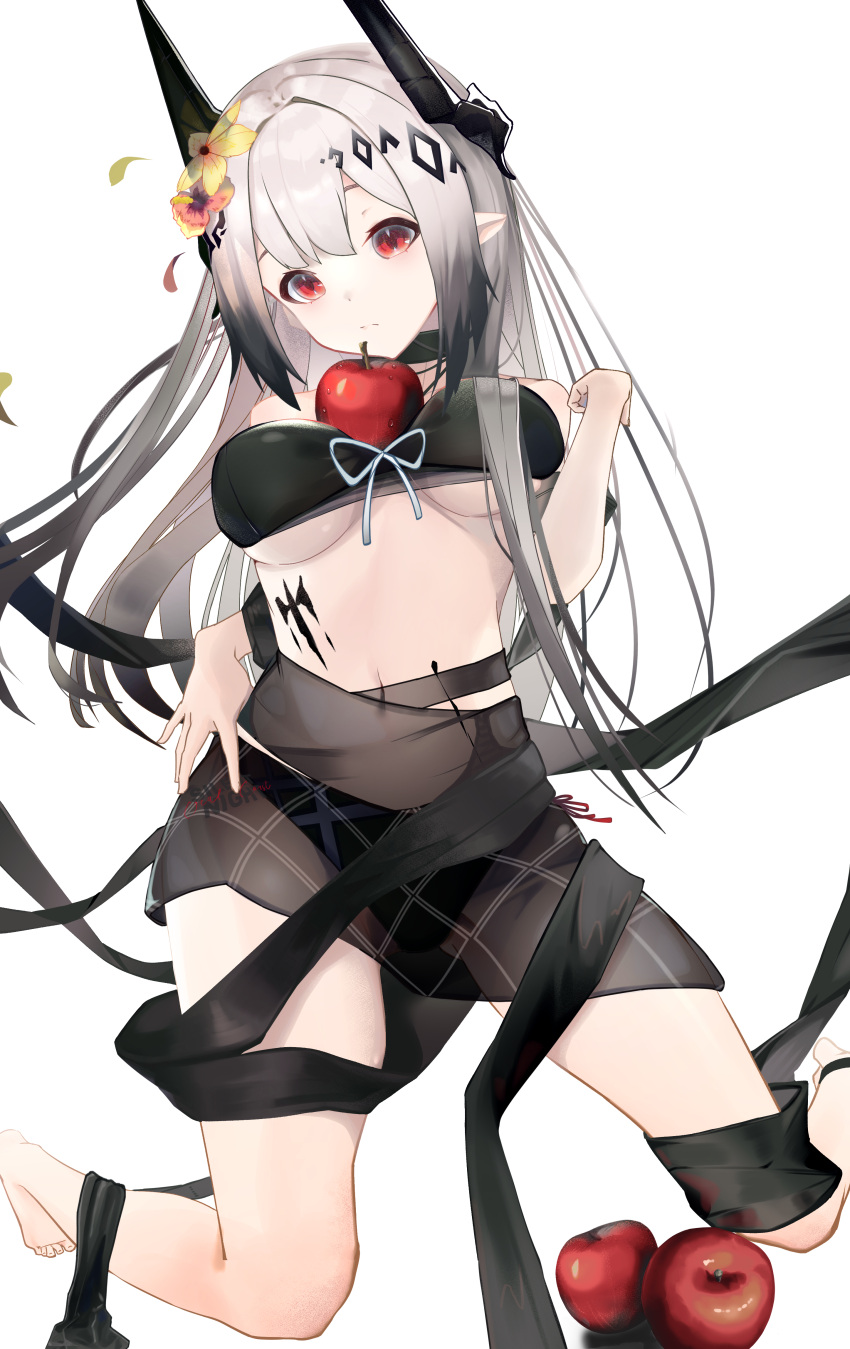 1girl absurdres apple arknights bangs black_swimsuit breasts closed_mouth eyebrows_visible_through_hair flower food fruit hair_flower hair_ornament highres horns legs long_hair looking_at_viewer medium_breasts mudrock_(arknights) pointy_ears red_eyes silver_hair sitting solo soranagi_(una123) spread_legs swimsuit tattoo white_background