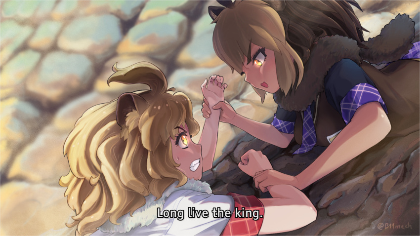 2girls animal_ears bangs barbary_lion_(kemono_friends) beleven big_hair black_shirt blonde_hair blurry blurry_background brown_hair clenched_teeth day evil_smile eyebrows_visible_through_hair face-to-face from_side fur_collar glowing glowing_eyes grabbing highres kemono_friends lion_(kemono_friends) lion_ears looking_at_another lying multicolored_hair multiple_girls necktie on_stomach open_mouth outdoors parody plaid_neckwear plaid_sleeves plaid_trim shirt short_sleeves smile sweater_vest teeth the_lion_king twitter_username two-tone_hair upper_body v-shaped_eyebrows white_shirt wrist_grab yellow_eyes