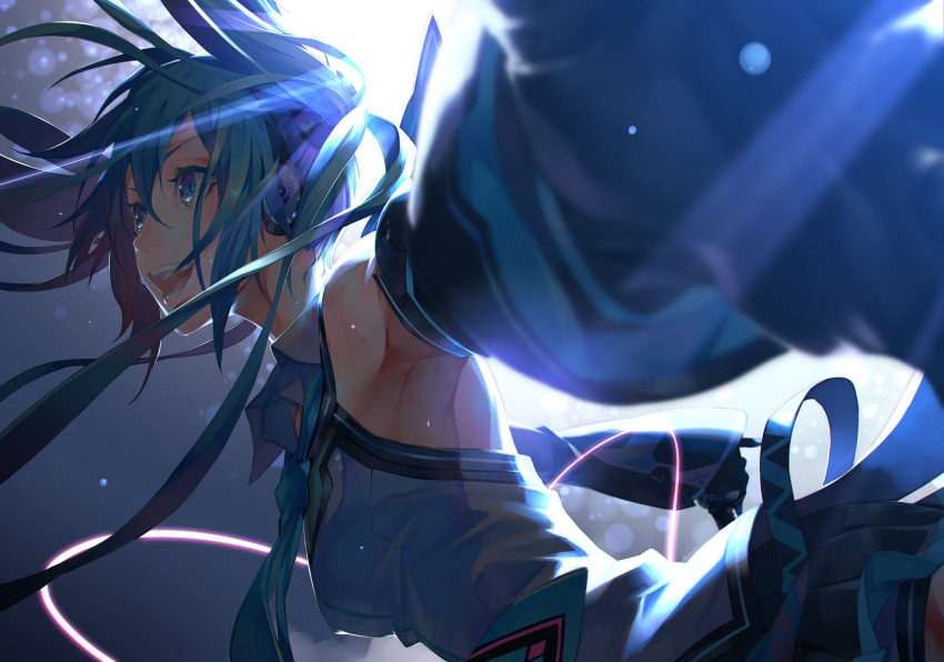 1girl :d armpits black_gloves black_sleeves blue_eyes blue_hair collared_shirt detached_sleeves floating_hair gloves hair_between_eyes hatsune_miku headphones highres long_hair long_sleeves monq necktie open_mouth outstretched_arms shirt sleeveless sleeveless_shirt smile solo twintails very_long_hair vocaloid wing_collar