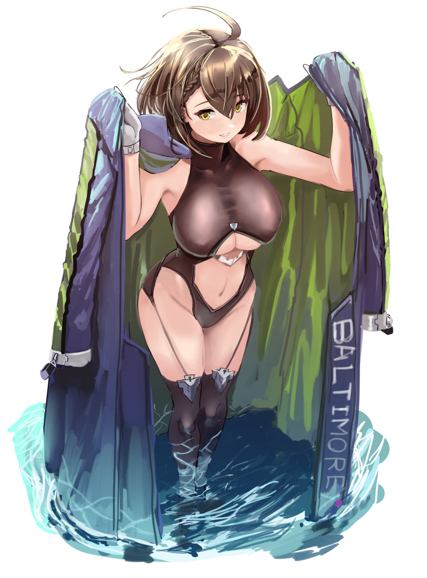1girl absurdres ahoge arms_up azur_lane baltimore_(azur_lane) bangs bare_shoulders black_legwear black_leotard blue_coat blush braid breasts brown_hair center_opening character_name clothing_cutout coat coat_on_shoulders collarbone eyebrows_visible_through_hair french_braid full_body garter_straps gloves hair_between_eyes hey_taisyou highres holding_coat hooded_coat large_breasts leotard looking_at_viewer multicolored_coat navel parted_lips short_hair sidelocks simple_background skindentation smile solo standing stomach_cutout taut_leotard thigh-highs under_boob underboob_cutout wading water white_background white_gloves yellow_eyes