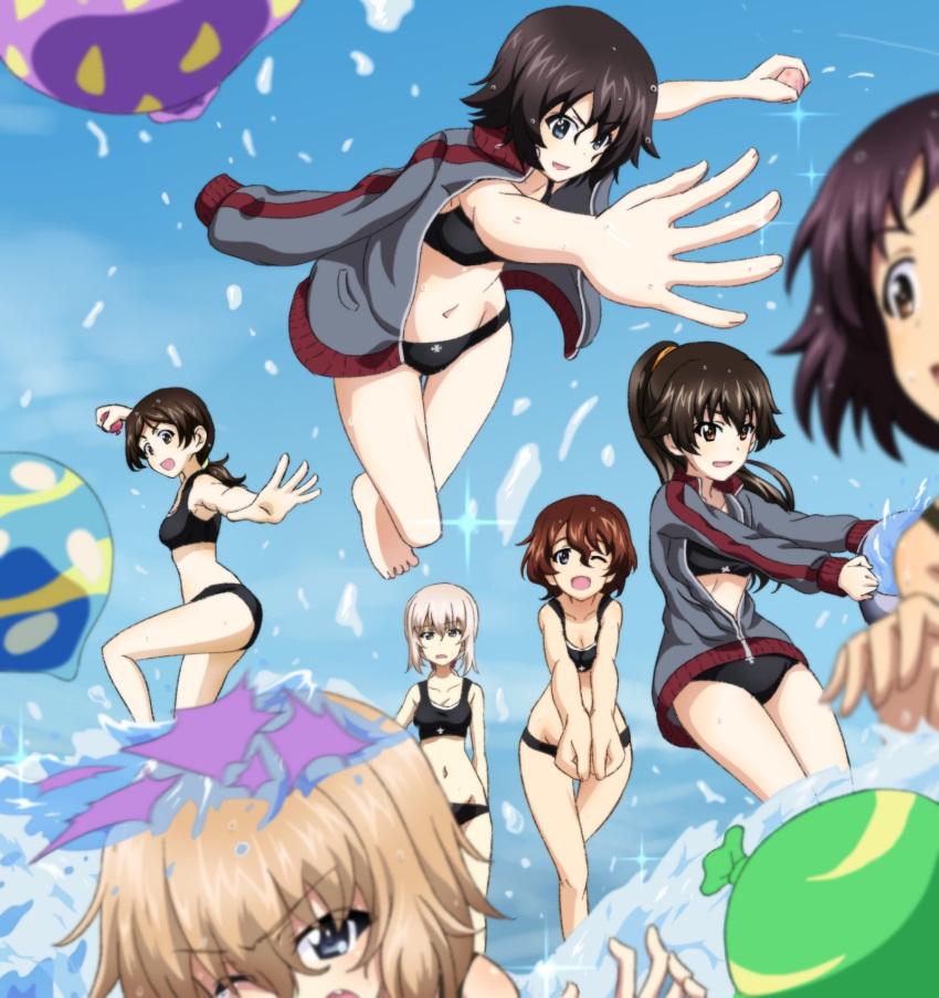 6+girls akaboshi_koume balloon bikini black_bikini black_hair blonde_hair blue_eyes blush breasts brown_eyes eyebrows_visible_through_hair girls_und_panzer groin highres itsumi_erika katyusha_(girls_und_panzer) kawanishi_shinobu key_(gaigaigai123) multiple_girls navel nishi_kinuyo ocean one_eye_closed open_mouth outdoors ponytail shiny shiny_hair short_hair small_breasts smile swimsuit water_balloon white_hair