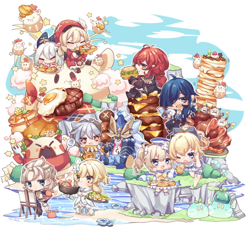 4boys 5girls :d absurdres ahoge albedo_(genshin_impact) automaton_(object) bangs barbara_(genshin_impact) barbara_(summertime_sparkle)_(genshin_impact) black_hair blonde_hair blue_eyes brown_hair burger cabbie_hat chibi chicken-mushroom_skewer_(genshin_impact) chicken_(food) clover_print commentary_request detached_sleeves diluc_(genshin_impact) drill_hair eating eyebrows_visible_through_hair eyepatch fisherman's_toast_(genshin_impact) fishy_toast_(genshin_impact) flower food fork fried_egg full_body genshin_impact hair_between_eyes hair_flower hair_ornament hat hat_feather hat_ornament highres holding holding_food iran_stn jean_(genshin_impact) jean_(sea_breeze_dandelion)_(genshin_impact) jumpy_dumpty kaeya_(genshin_impact) klee_(genshin_impact) light_brown_hair lighter-than-air_pancake_(genshin_impact) long_hair long_sleeves looking_at_viewer low_ponytail low_twintails lumine_(genshin_impact) maguu_kenki_(genshin_impact) mechanical_halo multiple_boys multiple_girls open_mouth outrider's_champion_steak!_(genshin_impact) paimon_(genshin_impact) pancake pizza ponytail razor_(genshin_impact) red_eyes redhead revision short_hair short_hair_with_long_locks sidelocks sitting skewer smile steak sticky_honey_roast_(genshin_impact) sunny_side_up_egg sweet_madame_(genshin_impact) toast twin_drills twintails yellow_eyes
