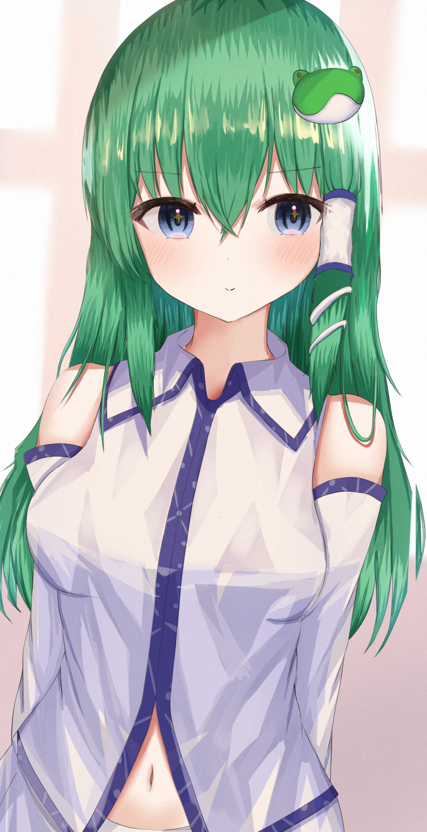 +_+ 1girl aohane bangs bare_shoulders blue_eyes blush breasts closed_mouth collar detached_sleeves eyebrows_visible_through_hair frog_hair_ornament green_hair hair_between_eyes hair_ornament hair_tubes highres holding kochiya_sanae long_hair long_sleeves looking_to_the_side medium_breasts navel panties shirt sleeveless sleeveless_shirt smile solo star_(symbol) touhou underwear white_panties white_shirt
