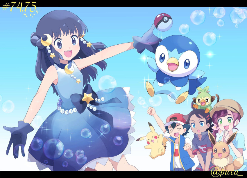 2boys 2girls :d arm_up ash_ketchum bangs bare_arms baseball_cap black_hair blue_dress blue_eyes blue_jacket blue_shirt blush brown_headwear bubble chloe_(pokemon) clenched_hands commentary_request crescent crescent_hair_ornament hikari_(pokemon) dress eevee eyelashes gen_1_pokemon gen_4_pokemon gen_8_pokemon gloves goh_(pokemon) green_eyes grey_shirt grookey hair_ornament hands_together hat highres jacket long_hair mei_(maysroom) multiple_boys multiple_girls number open_mouth pikachu piplup poke_ball poke_ball_(basic) pokemon pokemon_(anime) pokemon_(creature) pokemon_swsh_(anime) red_headwear shirt short_sleeves sleeveless sleeveless_dress sleeveless_jacket smile sparkle steepled_fingers t-shirt tongue upper_teeth white_shirt