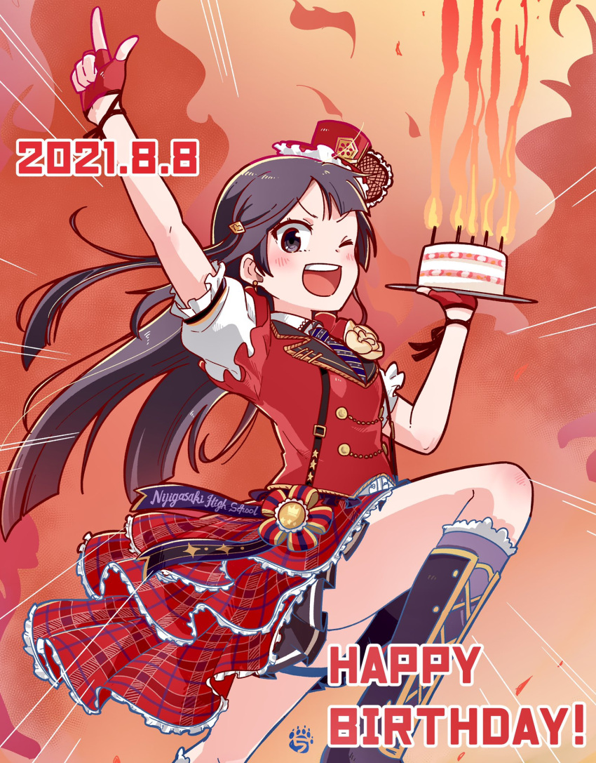 1girl bangs birthday birthday_cake black_eyes black_hair boots cake candle chase!_(love_live!) collared_shirt corsage fire food gloves grey_eyes half_gloves happy_birthday hat highres kinasuzu55 layered_skirt long_hair love_live! love_live!_nijigasaki_high_school_idol_club mini_hat mini_top_hat one_side_up puffy_short_sleeves puffy_sleeves purple_neckwear shirt short_sleeves skirt thigh_strap top_hat white_shirt yuuki_setsuna_(love_live!)