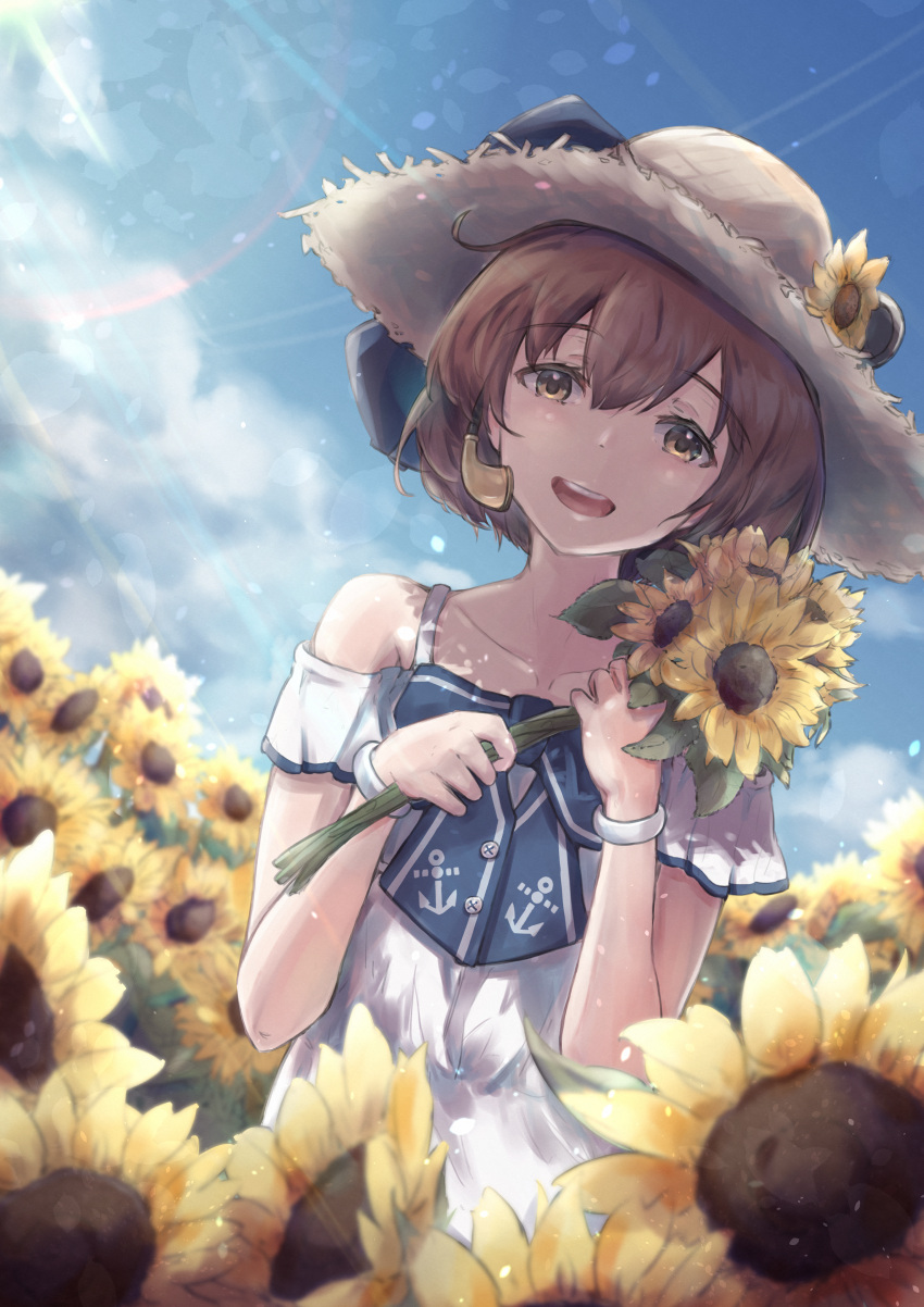 1girl absurdres anchor_print aruka bangs bare_shoulders blue_sky blush bracelet brown_eyes brown_hair clouds commentary_request day dress field flower flower_field hat hat_flower highres holding holding_flower huge_filesize jewelry kantai_collection looking_at_viewer open_mouth outdoors short_hair sky smile solo speaking_tube_headset standing straw_hat sun_hat sunflower watch watch yukikaze_(kancolle)