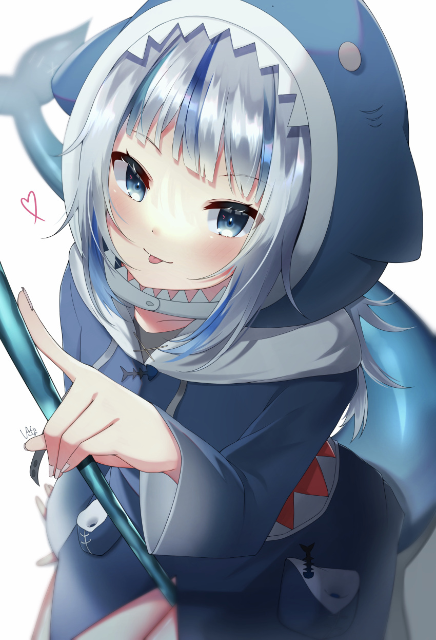 1girl :p absurdres animal_costume animal_hood bangs blue_eyes blue_hair blue_hoodie blunt_bangs blush fish_tail gawr_gura highres hololive hololive_english hood hoodie isana_(isn_kn) long_hair long_sleeves looking_at_viewer multicolored_hair shark_costume shark_girl shark_hood shark_tail silver_hair smile solo streaked_hair tail tongue tongue_out virtual_youtuber wide_sleeves