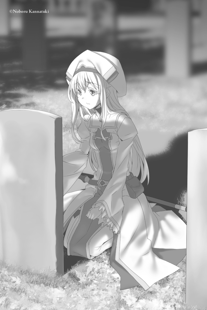 1girl artist_name blurry blurry_background boots breasts dress eyebrows_visible_through_hair full_body goblin_slayer! greyscale hair_between_eyes highres kannatsuki_noboru kneeling long_dress long_hair long_sleeves monochrome novel_illustration nun official_art priestess_(goblin_slayer!) side_slit sleeves_past_wrists small_breasts solo thigh-highs thigh_boots tombstone very_long_hair wide_sleeves