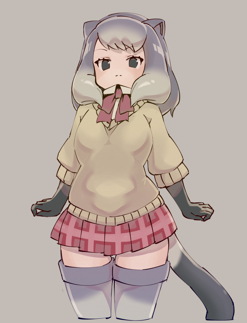 1girl alpine_marmot_(kemono_friends) animal_ears beige_sweater bird_witch black_gloves bow bowtie collared_shirt commentary_request cowboy_shot elbow_gloves eyebrows_visible_through_hair gloves grey_eyes grey_hair grey_legwear highres kemono_friends multicolored_hair plaid plaid_skirt pleated_skirt red_neckwear red_skirt shirt short_hair short_sleeves skirt solo squirrel_ears squirrel_girl squirrel_tail tail thigh-highs white_shirt zettai_ryouiki