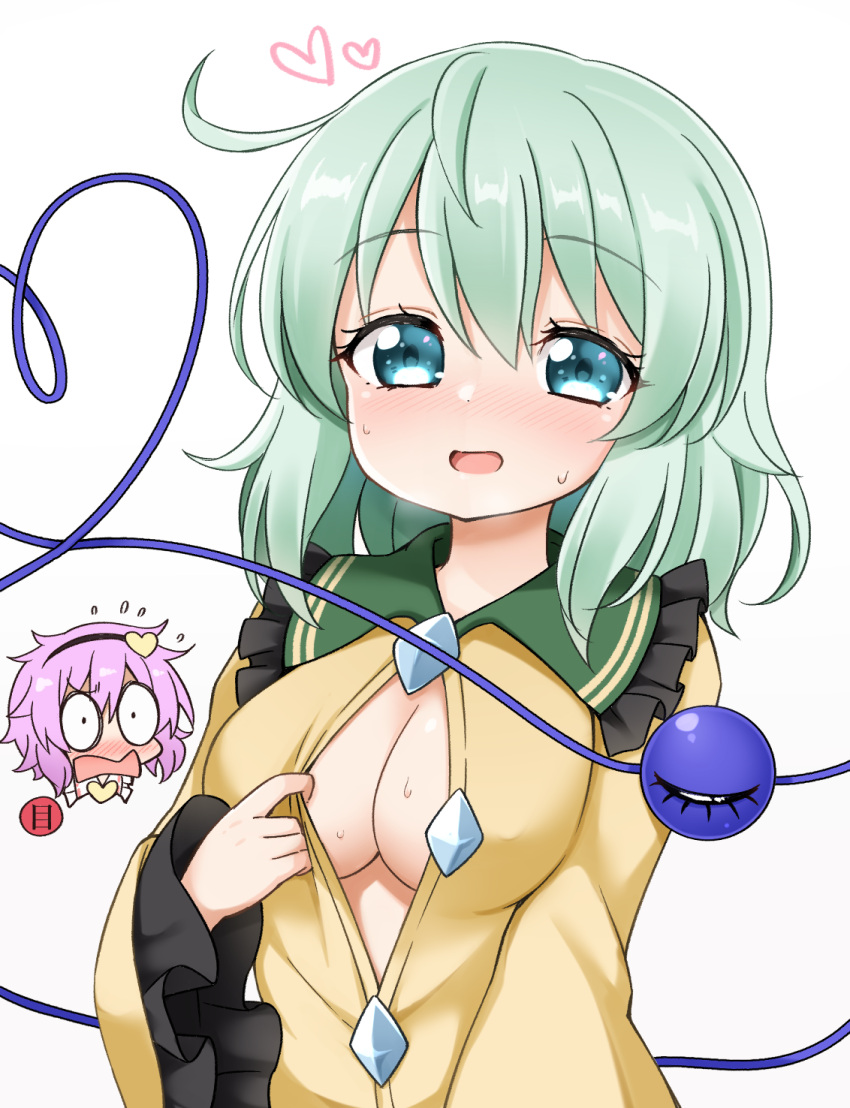 2girls :d black_hairband blush breasts commentary_request frilled_sleeves frills hair_ornament hairband hand_up heart heart_hair_ornament heart_of_string highres komeiji_koishi komeiji_satori long_hair long_sleeves looking_at_viewer medium_breasts medium_hair multiple_girls no_bra one_eye_closed open_clothes open_mouth open_shirt partially_unbuttoned self_exposure shirt siblings sisters smile solo_focus suwa_yasai third_eye touhou undressing upper_body wide_sleeves yellow_shirt
