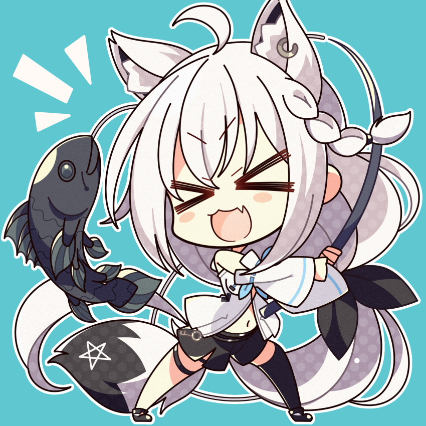 &gt;_&lt; 1girl 7:08 ahoge animal_ear_fluff animal_ears bangs black_bow black_legwear black_shorts blue_background blush bow braid chibi commentary_request detached_sleeves earrings eyebrows_visible_through_hair fang fish fishing_rod fox_ears fox_girl fox_tail hair_between_eyes hair_bow highres hololive hood hoodie jewelry long_hair looking_at_viewer midriff navel notice_lines open_mouth pentagram shirakami_fubuki short_shorts shorts sidelocks simple_background single_braid single_thighhigh skin_fang solo tail thigh-highs thigh_strap v-shaped_eyebrows very_long_hair virtual_youtuber white_hair white_hoodie