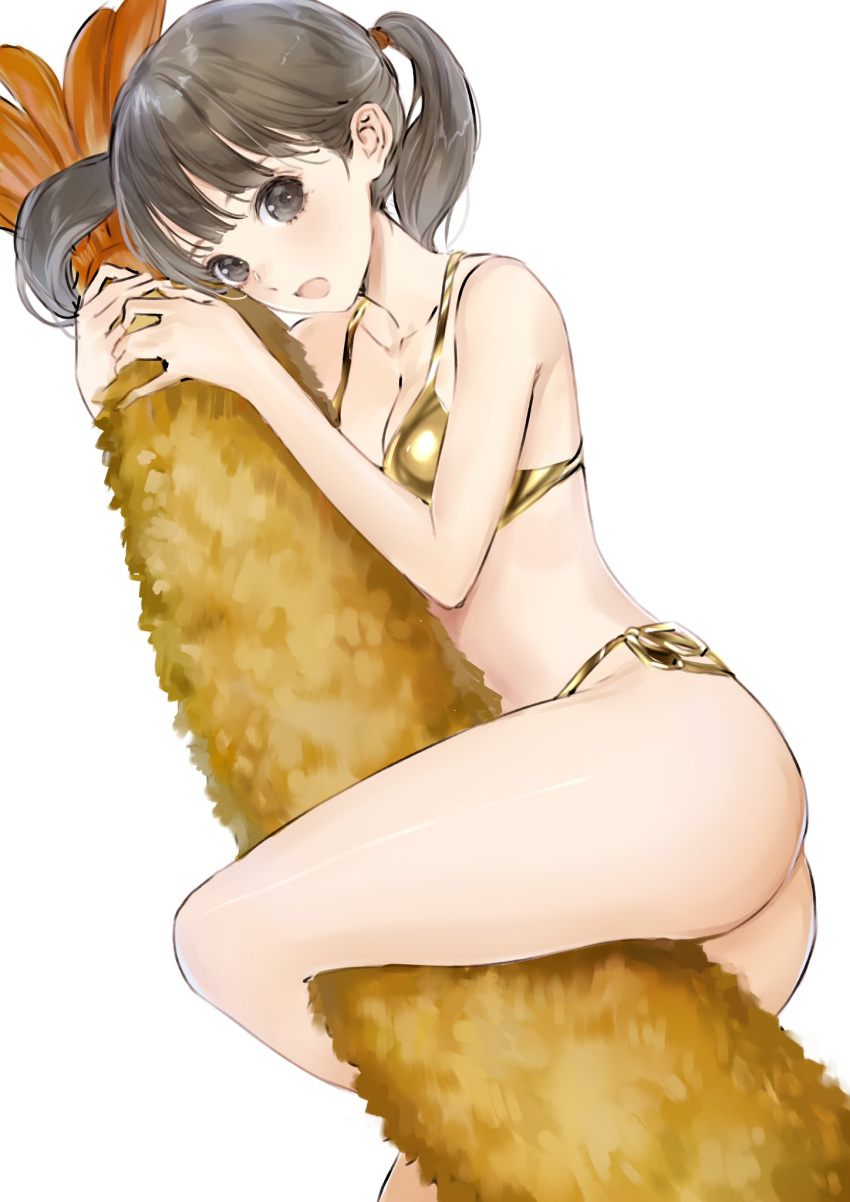 1girl bangs bare_legs bare_shoulders bikini black_eyes black_hair commentary_request food giant_food gold_bikini highres kishida_mel looking_at_viewer medium_hair object_hug open_mouth original shrimp shrimp_tempura side-tie_bikini solo string_bikini swimsuit tempura thighs twintails white_background