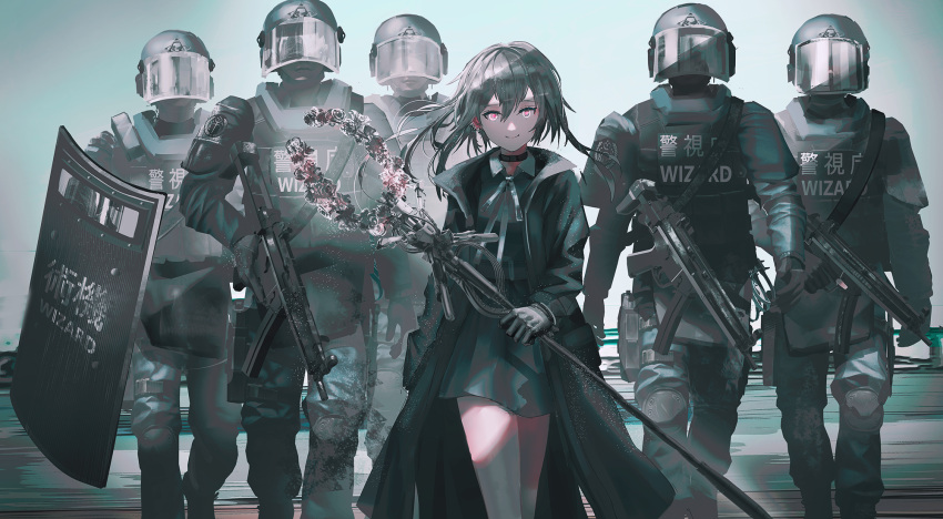 1girl 5boys bilingual black_choker black_coat black_dress black_gloves black_hair black_headwear black_jacket black_pants choker closed_mouth coat collared_shirt commentary_request dress dress_shirt english_text gloves gun h&amp;k_mp5 helmet highres holding holding_gun holding_staff holding_weapon jacket long_hair looking_at_viewer multiple_boys open_clothes open_coat original pants riot_shield shield shirt smile staff submachine_gun swav walking weapon white_shirt